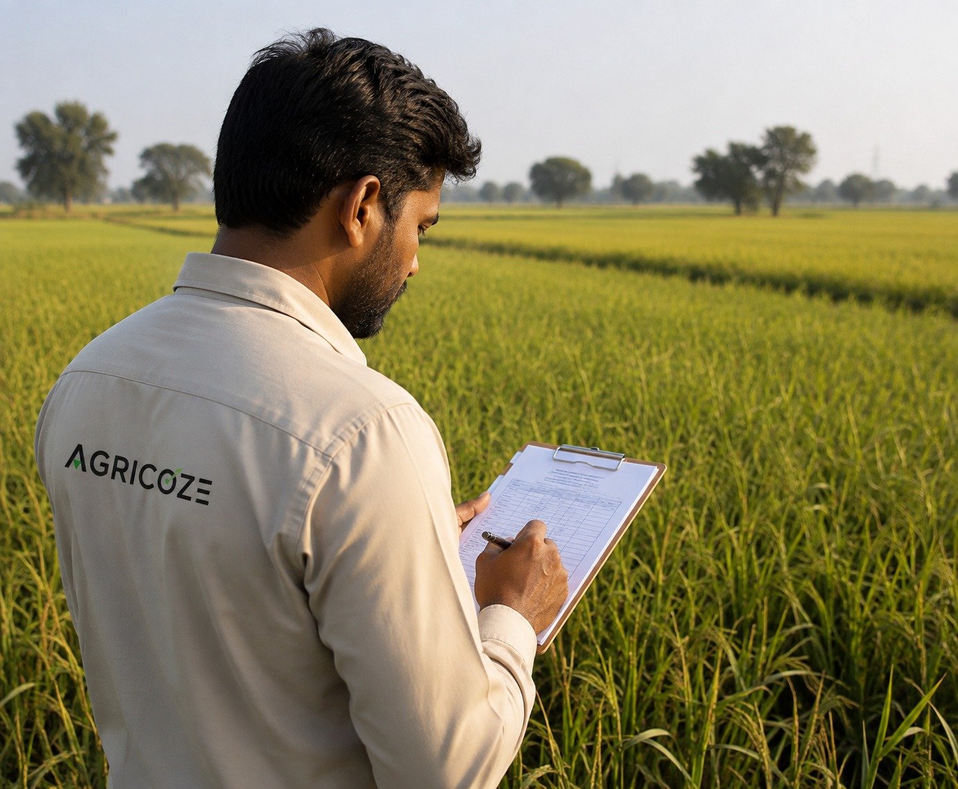 Agricoze field agent recording traceability data in a rice field